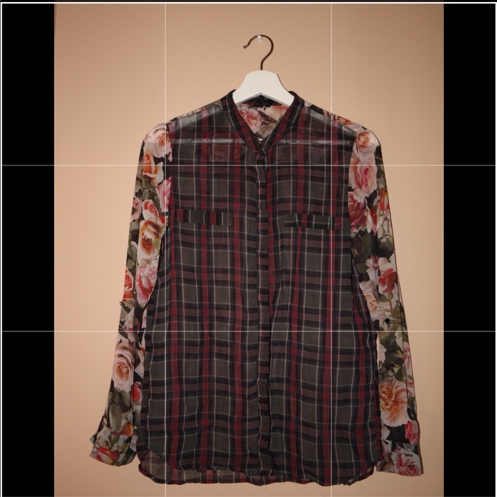 MNG Chiffon Floral-Tartan Blouse